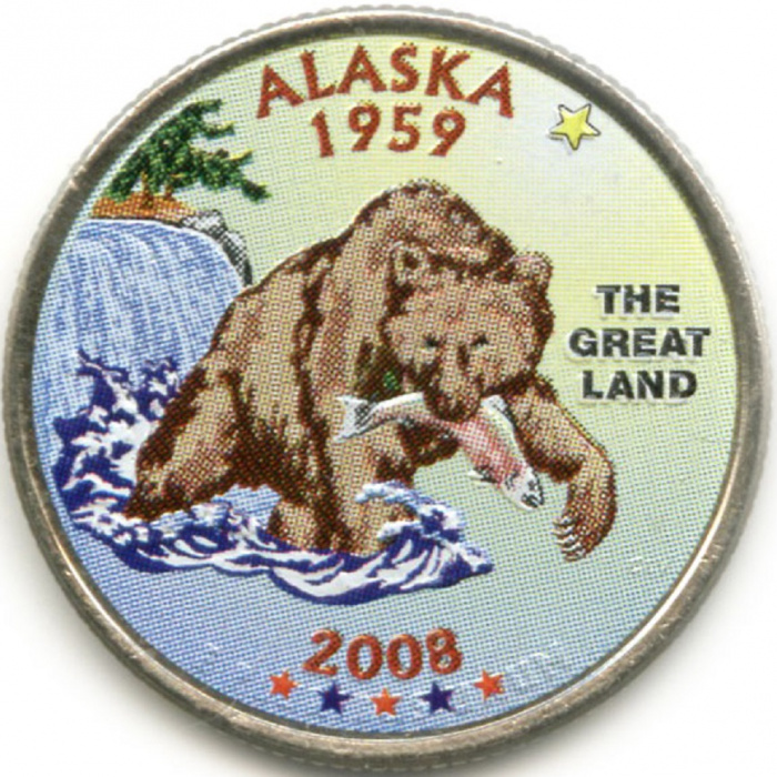 (049d) Монета США 2008 год 25 центов &quot;Аляска&quot;  Вариант №1 Медь-Никель  COLOR. Цветная